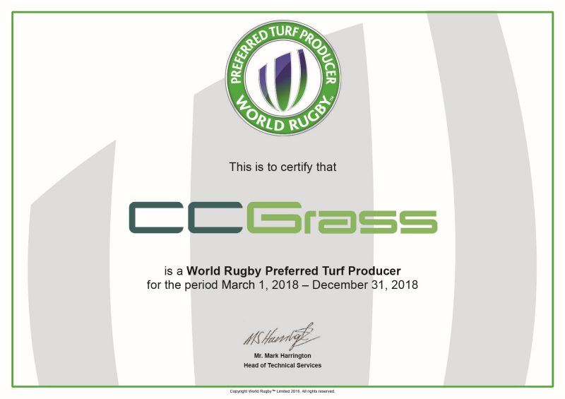 World Rugby PTP Cert EN CC Grass CCGrass certificate of World Rugby Preferred Turf Producer